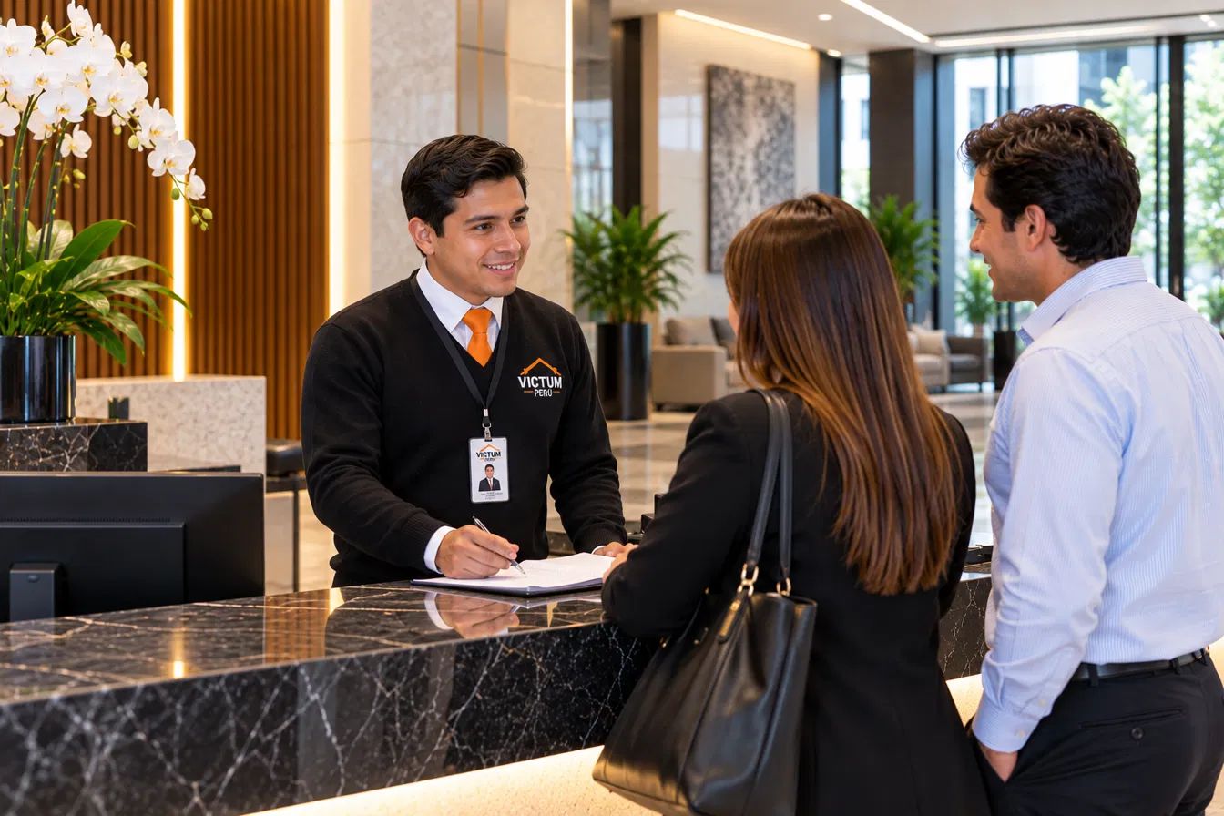 Personal de portería de Víctum Perú, con uniforme negro y corbata naranja, atiende a dos visitantes en la recepción de un edificio